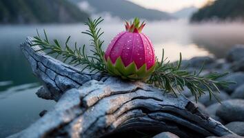 Pink Flower with Water Droplets on Wood by a Misty Lake photo