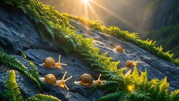 Snails Crawling on Rock with Ferns in Golden Sunlight Setting photo