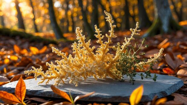 Displaying Dried Flower and Thyme on Stone in Autumn Forest Light photo