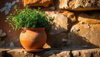 Herb Plant Growing in Clay Pot with Ancient Stone Wall Backdrop photo