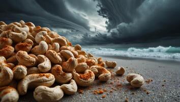 Pile of Cashews with Spice on Beach with Stormy Sky photo