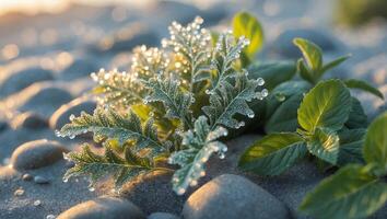 Morning Dew Drops on Green Plants and Beach Stones Nature Scene photo