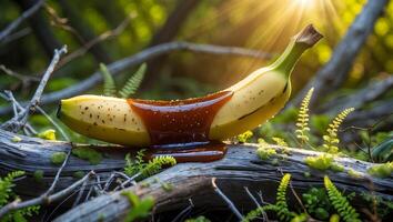 Banana with Caramel Sauce Resting on Log in Forest Setting photo