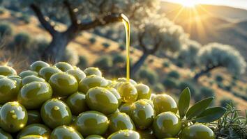 Pouring Olive Oil Over Olives with Orchard and Sunlight photo