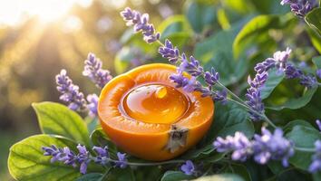 Apricot Half Filled with Honey and Lavender Blossom in Sunlight photo