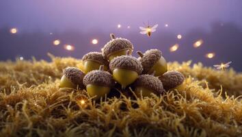 Pile of Acorns with Fireflies on Mossy Ground at Dusk photo