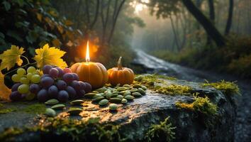 Grapes Pumpkins and Candle on Mossy Rock in Misty Forest photo