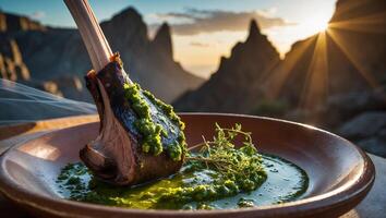Gourmet Grilled Lamb Chop with Green Sauce on Mountain Plateau photo