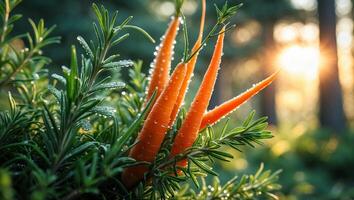 Fresh Carrots and Rosemary with Dew Drops in Natural Setting photo