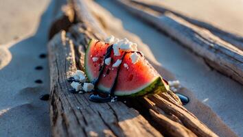Watermelon Slice with Feta and Balsamic Glaze on Weathered Driftwood photo