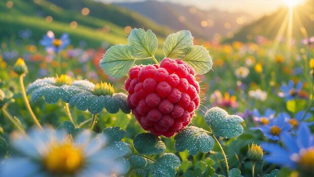 frambuesa en un flor silvestre campo a amanecer con gotas de rocío foto