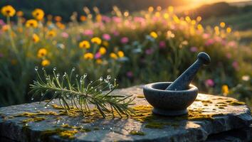 Rosemary Sprig with Mortar and Pestle in a Sunny Flower Field photo