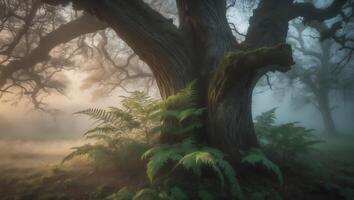 Enchanting Forest Scene with Ancient Tree and Misty Morning Light photo