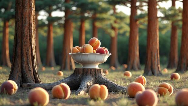 Peaches Displayed in White Bowl on Tree Stump in Forest photo