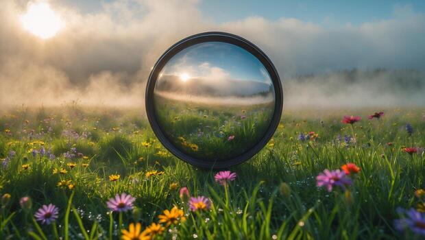 Reflecting Field with Flowers Fog and Sunrise Creates Dreamy Effect photo
