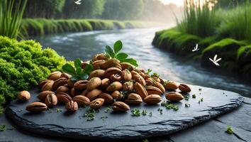 Pile of Almonds on Slate with Lush Riverbank Backdrop photo
