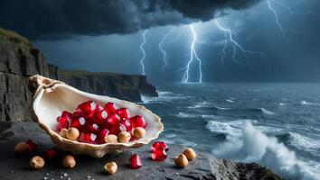 Pomegranate Seeds and Hazelnuts in Seashell Against a Stormy Coastal Backdrop photo
