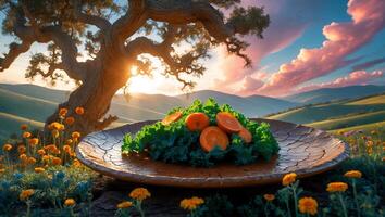 Leafy Salad with Orange Slices in Nature at Sunset photo