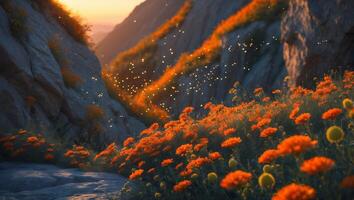 Walking Path Through Field of Orange Flowers with Mountain View photo