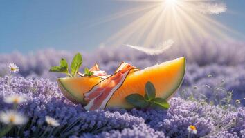 Melon with Ham and Mint on Lavender Field Under Sunny Sky photo