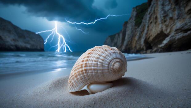Seashell on Beach with Lightning Storm Over Cliffs and Ocean photo
