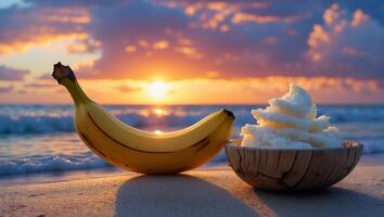 Banana and Coconut Ice Cream on Beach at Sunset Peaceful Scene photo