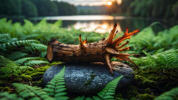 Fallen Log Resting on Stone Amidst Ferns with Lake Background photo