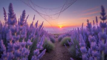 Walking Path Through Lavender Field at Sunset with Dramatic Sky photo