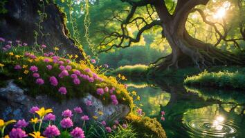 Tranquil Lakeside Scenery with Flowers Growing on Rocks and Old Tree photo