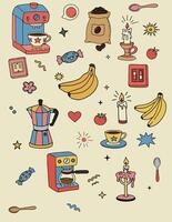 Retro Set of Coffee Kitchen Food Doodles Hand-Drawn Vintage Style Icons vector