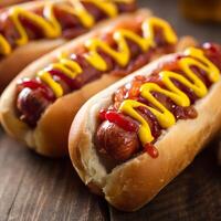 Delicious Hot Dogs with Ketchup and Mustard on Rustic Wood. photo