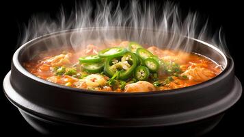 Steaming Hot Korean Kimchi Stew with Fresh Jalapeno Slices. photo
