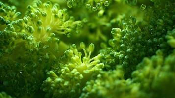 Close up of fresh green broccoli florets with water droplets. photo