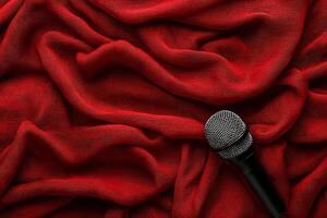 Dramatic Red Fabric Draped with a Microphone. Stage Performance Concept. photo