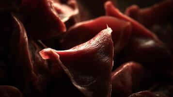 Textured Raw Red Meat Close Up with Dramatic Lighting. photo