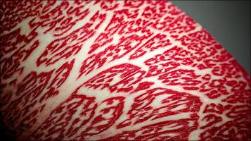 Extreme Close Up of Raw Red Meat Marbling and Fat Texture. photo