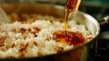 Pouring golden liquid into a pan of fluffy white rice. photo