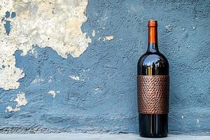 Red Wine Bottle with Copper Sleeve Against a Distressed Blue Wall. A stylish image perfect for wine labels, blogs, or advertising. photo