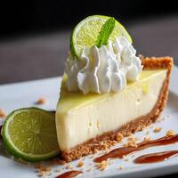 Delicious Slice of Key Lime Pie with Whipped Cream and Fresh Lime. photo