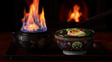 Fiery Noodle Bowl and Flaming Pot Create a Cozy Culinary Scene. photo