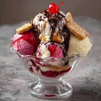 Delicious Ice Cream Sundae with Cherry and Chocolate Drizzle. photo