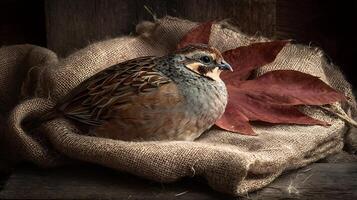 A Rustic Quail Resting on Burlap with a Red Leaf. photo
