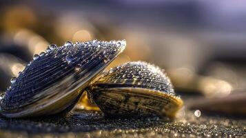 Two Clams Covered in Sparkling Water Droplets on a Dark Surface. photo