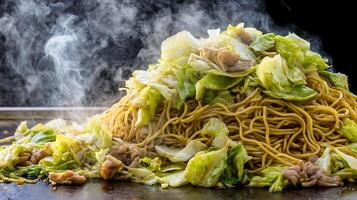 Delicious Steaming Noodles and Cabbage Being Cooked on a Griddle. photo