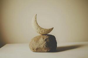 Crescent Moon Sculpture Balanced on a Rock Minimalist Still Life Photography. photo