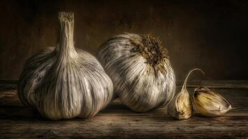 Still Life Rustic Garlic on Aged Wood Background. photo