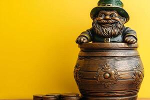 Leprechaun Figurine in a Treasure Chest with Gold Coins Against a Yellow Background. photo