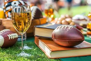 Outdoor Fall Gathering Wine, Football, and Books on the Grass. A picturesque scene of relaxation and leisure. photo