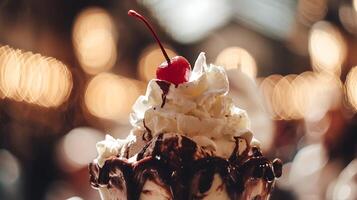 Indulgent Chocolate Sundae Topped with Whipped Cream and a Cherry. photo