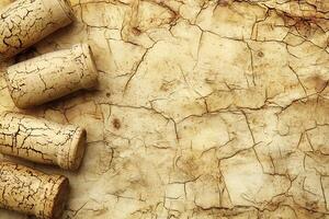 Aged Wine Corks on Cracked Parchment Paper Background. A textured image ideal for design projects requiring a vintage or rustic aesthetic. photo